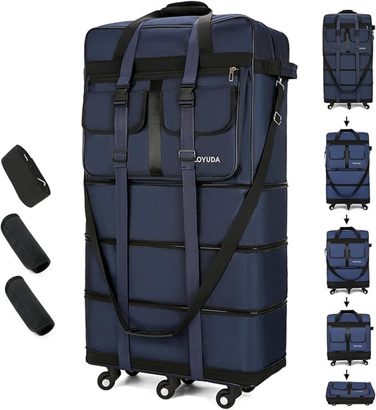 130L Expandable Luggage, 40 Inch Suitcase with Wheels, Collapsible Luggage with Wheels, Rolling Duffle Bag with wheels,Foldable Suitcase with2Handle Wrap 2Fixing Straps 1Shoulder Strap (Blue)
