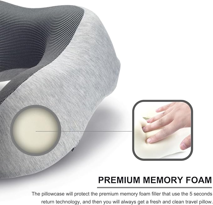napfun Neck Pillow for Travel with Travel Pouch, Sleep Mask & Earplugs, Memory Foam Airplane Pillow for Headrest Sleep with Eyeshades, Plane Essentials with Eye Blindfold, Light Gray Kit