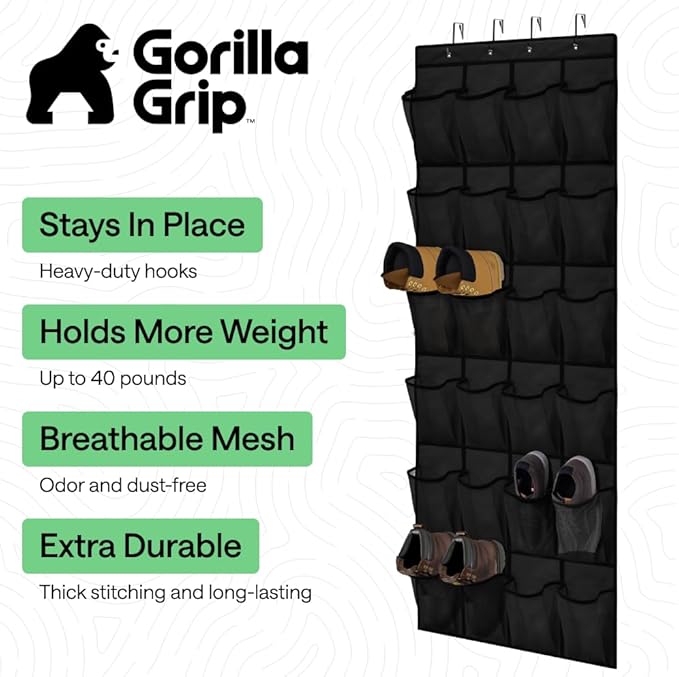 GORILLA GRIP Over the Door Shoe Organizer, 24 Extra Large Breathable Mesh Pockets, Space Saving Hanging Storage Holder, 4 Hook Closet Rack Hanger, Hangs on Closets for Shoes and Accessories, Black