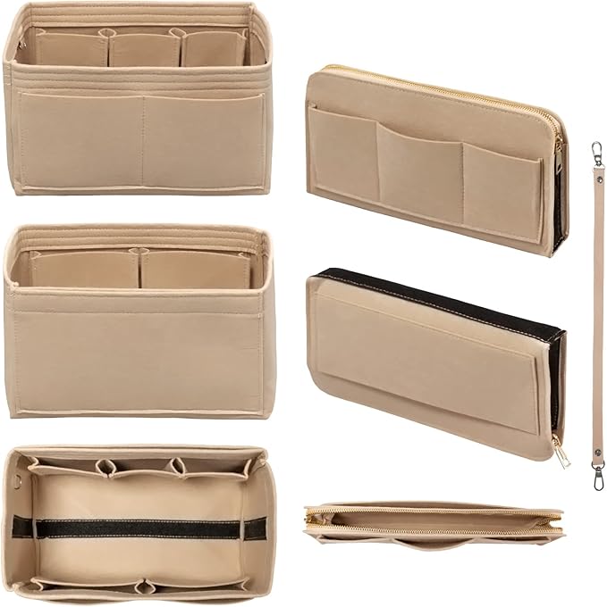 Purse Organizer Insert with Zipper Felt Bag Organizer Handbag Organizer Insert Bag in Bag Organizer with Key Chain for Tote Purse Bag Beige Small