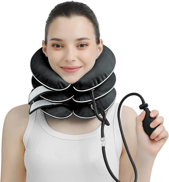 Cervical Neck Traction Device for Neck Pain Relief - Inflatable Neck Stretcher Collar for Decompression - Best Home Use Neck Brace Pump (Black Plush)