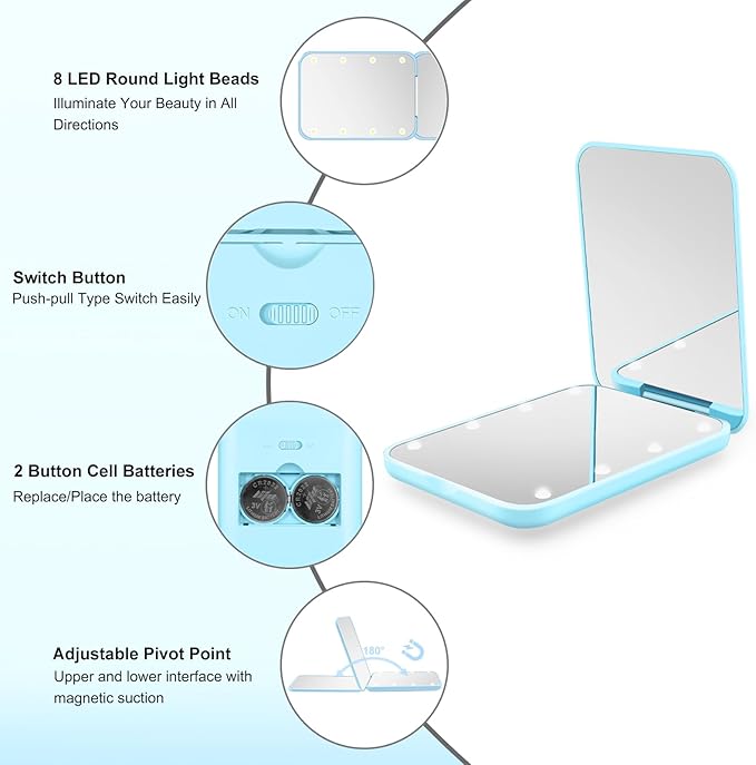 Kakuje Compact Mirror, 1X/3X Magnification LED Pocket Mirror with Nternal BIattery, Mini Mirror for Purse, Pocket,Travel and Present (Blue)