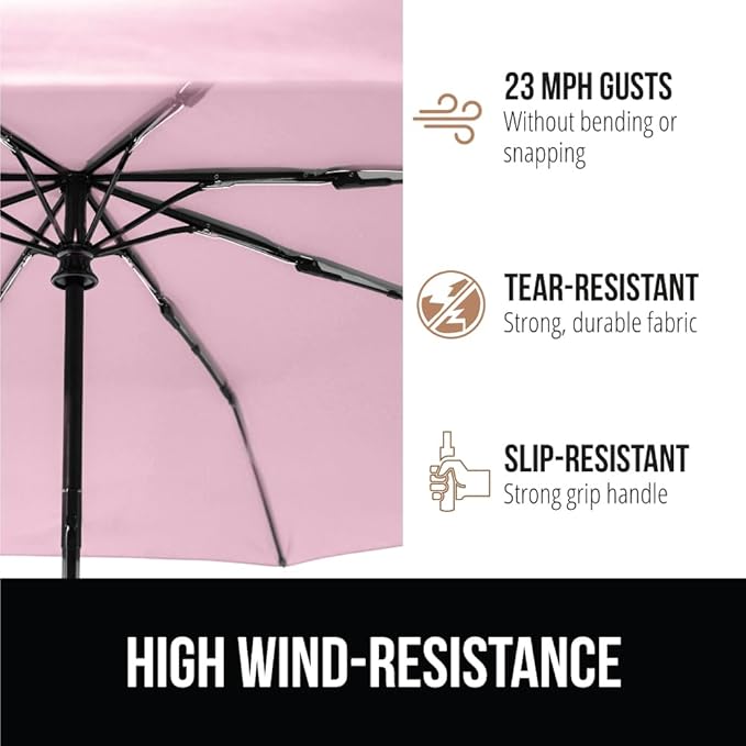 GORILLA GRIP Strong Windproof Stick Compact Umbrella for Rain, One-Click Automatic Open and Close, Durable Quick Dry Waterproof Material, Lightweight and Portable, Travel Size Fits Backpack, Pink