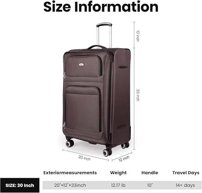 30'' Large Softside Suitcase,Expandable 15% Luggage,w/Double Spinner Wheels w/Combination LOCK,Lightweight Travel Suitcase for Travel（Coffee,30in）