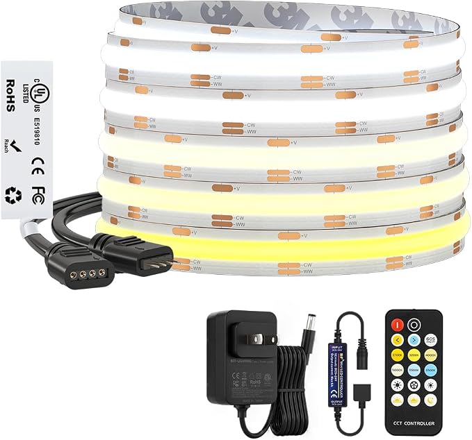 BTF-LIGHTING UL Listed Tunable White 3000K-6000K COB LED Strip Light with RF Remote,CRI 90+ DC24V 32.8FT Dimmable CCT Ultra Bright LED Tape Light for Home Kitchen Cabinet Office Indoor DIY Lighting
