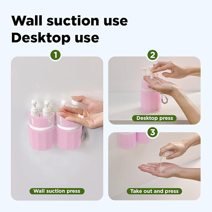 YOTIME 4 in 1 Travel Dispenser Bottle, Vacuum Silicone Suction Cup for Smooth Walls, TSA Approved Leak Proof Travel Size Containers for Toiletries, Shampoo, Body Wash and Conditioner, Pink