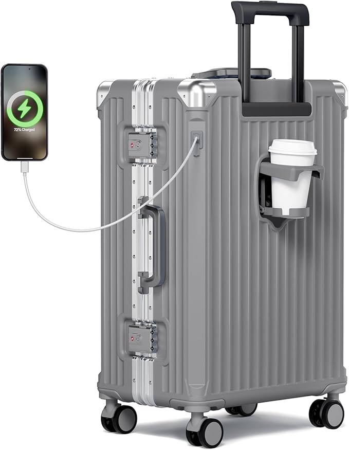 Krute No Zipper Carry On Luggage 20 Inch Suitcase with Wheels PC Aluminum Frame Zipperless Luggages with Cup Holder and Charger Hard Side TSA Approved Travel Suitcases Gray