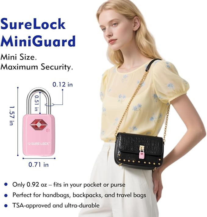 SURE LOCK Mini TSA Approved Keyed Luggage Lock – One Key Opens All, Fits Tight Zipper Gaps & Small Pull Holes, Compact Travel Lock for Suitcases, Backpacks & Handbags
