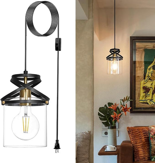 Modern Black and Gold Plug in Hanging Lamp - 16.4ft Adjustable Corded Pendant Light with 5.9" Clear Glass Shade - Kitchen Island & Sink Lighting for Farmhouse Living Room, Bedroom, Dining Room Fixture