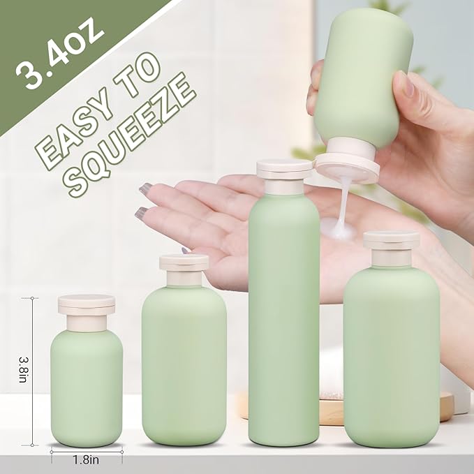 ASEVAT3.4oz 3Pcs Green Plastic Refillable Travel Shampoo and Conditioner Bottles Plastic Refillable Travel Shampoo Bottles with Flip Cap Shampoo and Conditioner Dispenser