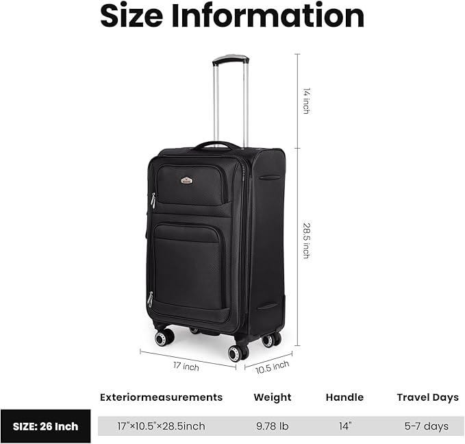 26" Luggage Softside Expandable 15% Checked Luggage with Double Spinner Wheels Combination LOCK,Lightweight Travel Suitcase for Men/Women（Black,26in）