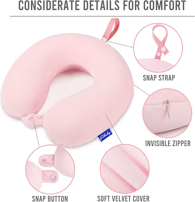 Fabuday Memory Foam Neck Pillows for Travel - Airplane Pillows for Sleeping with Attachable Snap Strap Soft Washable Cover, Flight Pillow for Traveling, Car, Office, Provide Head Neck Support Pink