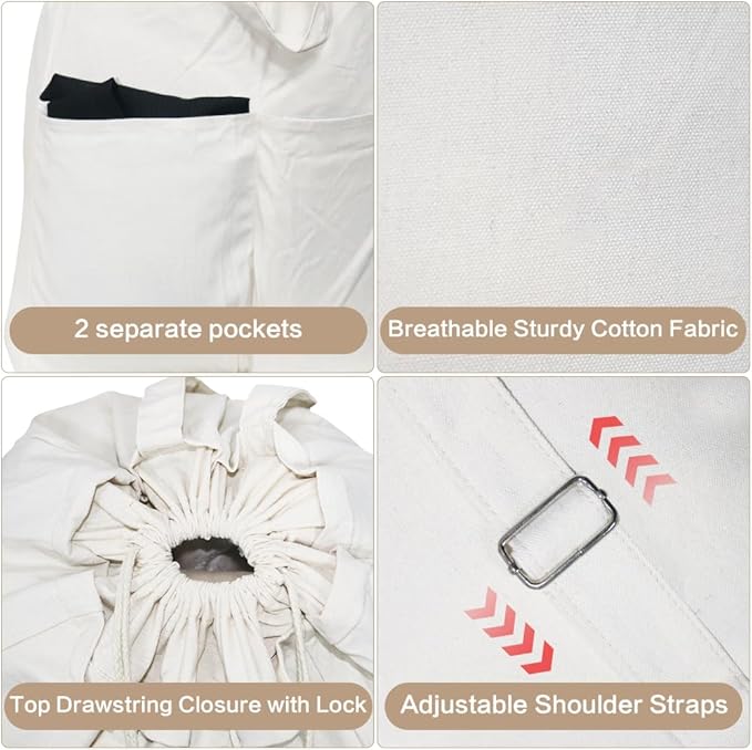 100% Breathable Cotton Canvas Laundry Backpack Bags with Drawstring Closure & Shoulder Straps & 2 Handles, Washable in Machine, Good for Laundromat, Clean Store, College Dormitory, Travel Duffel Bag