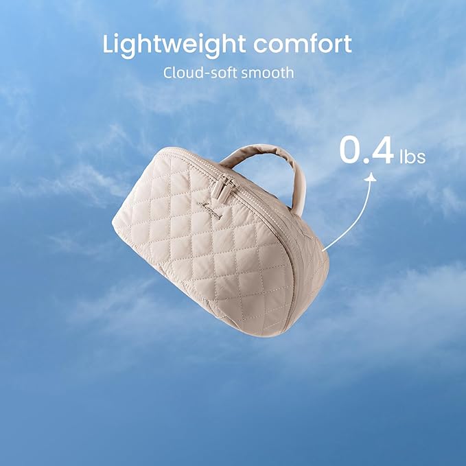 LOVEVOOK Travel Makeup Bag for Women, 2Pcs Puffer Waterproof Cosmetic Organizer, Large Capacity Pouch Open Flat Small Toiletry Bag with Brush Compartment & Handle (Light khaki, Large)