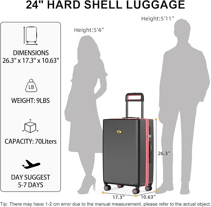 24 Inch Medium Checked Luggage, Hardside Rolling Suitcase with 4 Spinner Wheels & TSA Approved Lock,PC Hard Case Lightweight Carry Luggage for Travel