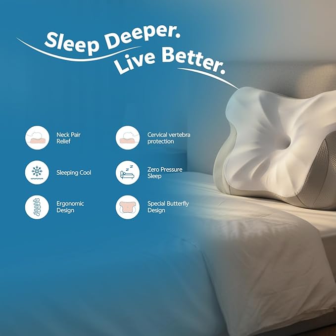 Talc-Free Cervical Memory Foam Pillow for Neck and Shoulder, Butterfly-Shaped Ergonomic Breathable Pillow for Side Back Stomach Sleepers with Pillowcase, Skin-Friendly Fabric