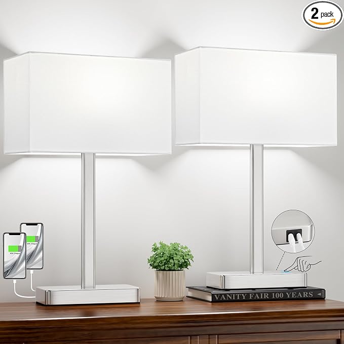 Hong-in Touch Lamps for Bedroom - 3-Way Dimmable Bedside Lamps Set of 2 with USB C+A, White Modern Table Lamp for Night Stands, Desk Lamp for Living Room Nightstand End Tables Bed Side
