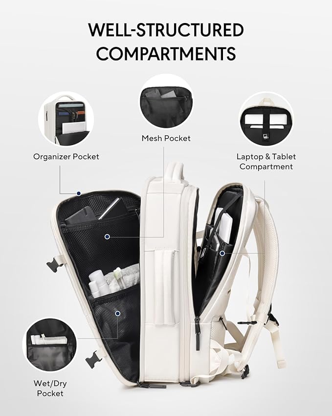 Dinictis Vacuum Seal Travel Backpack 60L Built-in Pump, Expandable Backpack with Vacuum Compression Fits 17 inch Laptop, Water Resistant Carry On Suitcase Luggage for Short Trip and Business-Beige