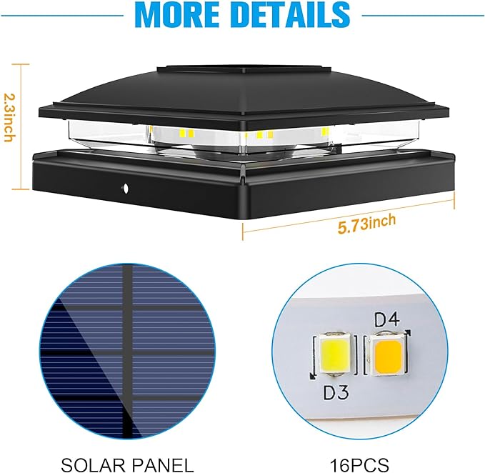 VOLISUN Solar Post Cap Light Outdoor,Solar Fence - Post Lights Waterproof for 4x4/5x5/6x6 Wooden/Vinyl Post,Black Deck Cap Light Solar Powered with Warm White for Garden/Patio/Porch 8pack