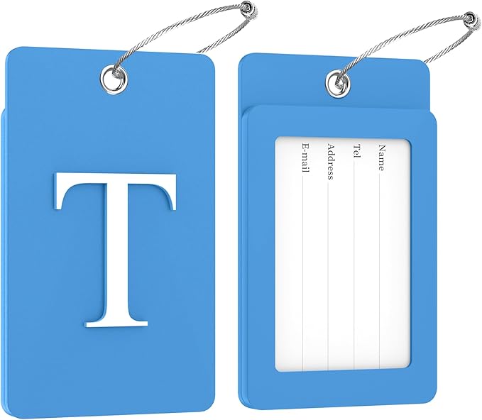 Gostwo 2 Pack Luggage Tags for Suitcases, 26 Initial Letter Travel Luggage Baggage Identification Labels ID Tag Fully Bendable Tags with Stainless Steel Loop (Blue) (Letter T)