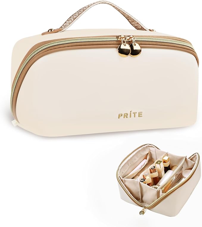 Prite Makeup Bag for Women Travel Waterproof Vegan Leather Cosmetic Bag Open Flat Toiletry Bag With Clear Divider and Handle (Large Beige Pro)