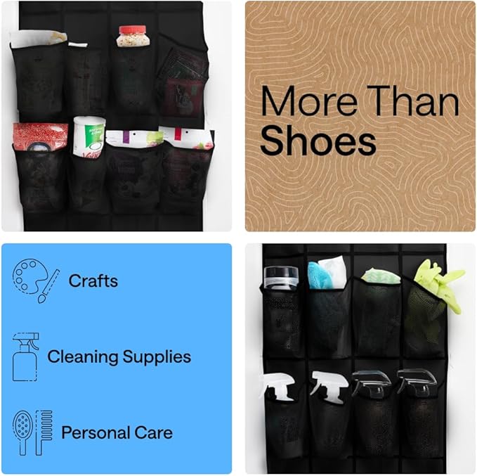 GORILLA GRIP Over the Door Shoe Organizer, 24 Large Breathable Mesh Pockets, Space Saving Hanging Storage Holder, Closet Rack Hanger Holds Up to 40 lbs, Hangs on Closets for Shoes, Accessories, Black