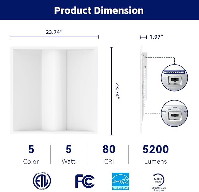 12Pack 2x2 FT LED Center Basket Troffer Light, 5CCT Color Tunable 3000/3500/4000/5000/6500K, Watt Adjustable 40W/35/30/25/20W, 0-10V Dimmable Drop Ceiling Lights, 120-277V-ETL Qualified