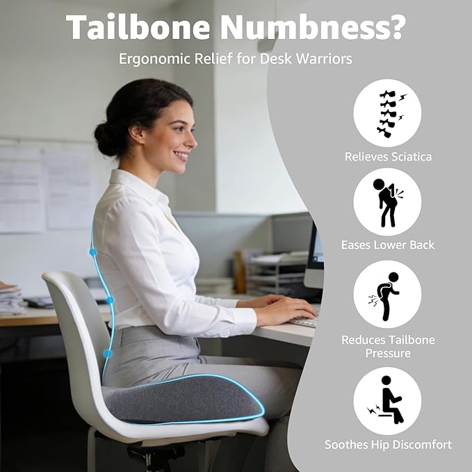 BRO Extra Large Office Chair Cushion for Sciatica Pain Relief: Memory Foam Seat Cushion for Tailbone Pain Relief Support for Long Sitting - 2 × Removable Covers with Handle - Car/Office/Home Use