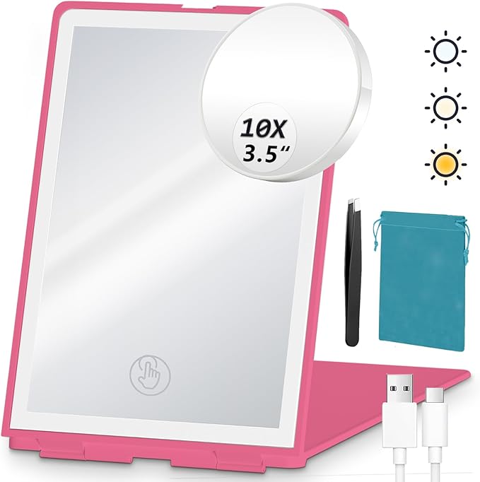 Travel Makeup Mirror with Lights Valentines Day Gifts for Her, Girlfriend, Wife, Birthday Gifts Rechargeable Portable Folding Compact LED Mirror Set with Tweezer 3 Color Light Modes-Rosy