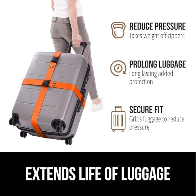 GORILLA GRIP Heavy Duty 8 Pack Adjustable Luggage Straps for Suitcases, Easy to Identify Travel Belt Connector Holds Suitcase Together, Extends Life of Bag, Strap Connects Two Bags, Accessories Orange