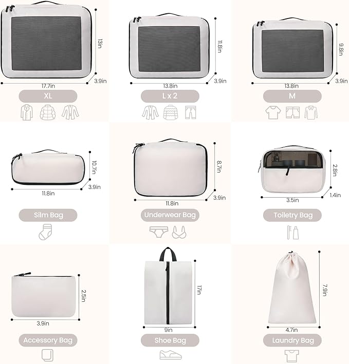 Mesh Packing Cubes for Travel, Durable Luggage Organizer with Sturdy Material and Double Zippers, Comprehensive Set for Travel Accessories Storage, 10 set, cream