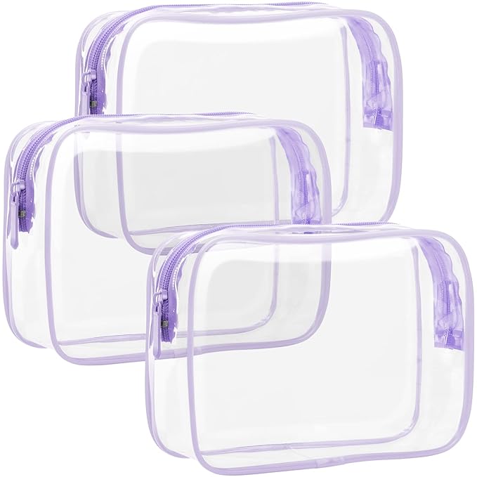 F-color TSA Approved Toiletry Bag 3 Pack Medium - Clear Makeup Bag Travel Quart Size for Women Men, Clear Cosmetic Bag Airport Airline Compliant Carry on Bag, Macaron Purple