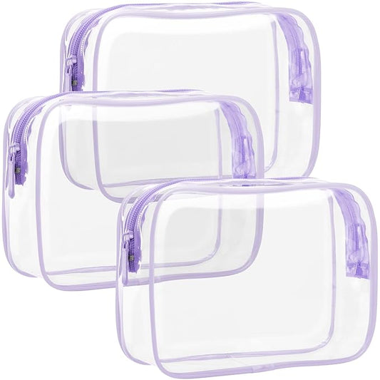 F-color TSA Approved Toiletry Bag 3 Pack Medium - Clear Makeup Bag Travel Quart Size for Women Men, Clear Cosmetic Bag Airport Airline Compliant Carry on Bag, Macaron Purple