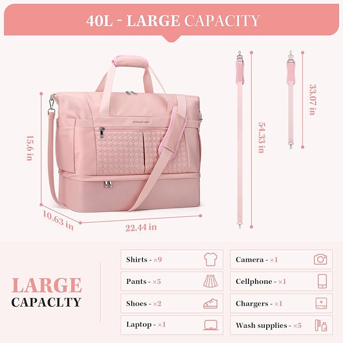Maelstrom Gym Bag for Women,40L Travel Duffel Bag with Shoes Compartment and Wet Pocket,Waterproof Carry On Weekender Bag,Sport Gym Tote Bags Swimming Yoga, Hospital Holdalls（Pink)