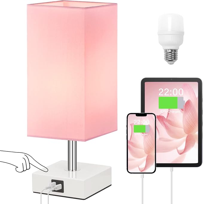 Touch Control Table Lamp with 2 USB Charging Ports, 3 Way Touch Lamps Beside Desk, Nightstand Lamp for Bedrooms Living Room, Pink Shade with White Base, LED Bulb Included(Pink) | 3-Way Dimmable, 3000K LED Bulb Included, Square Pink Shade White Base, Cu...