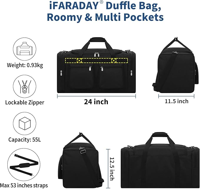 55L Duffle Bag for Travel - 24 inch Heavy Duty Duffel Bag with Multi Pockets for Overnight Weekend Gym Sports Camping(Black)