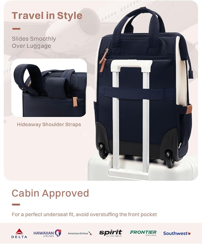 Rolling Puffer Backpack for Women, Travel Backpack with Wheels, 16 Inch Wheeled Laptop Backpck, Dual-Opening Design Overnight College Underseat Carry on Luggage, Roller Business Work Bag, Navy Blue