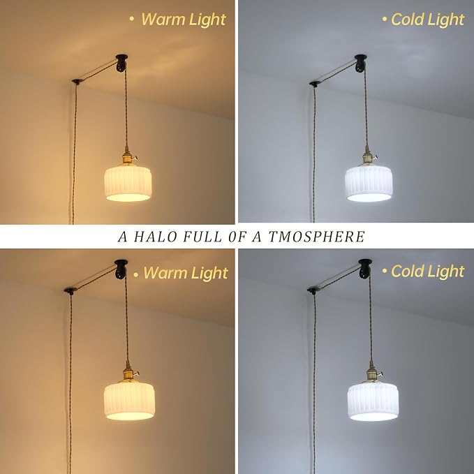 Shenmoyl Plug in Pendant Light Hanging Light Fixture Corded On/Off Switch Brass Pendant Light with White Striped Glass Lampshade for Bedroom Living Room Kitchen Island