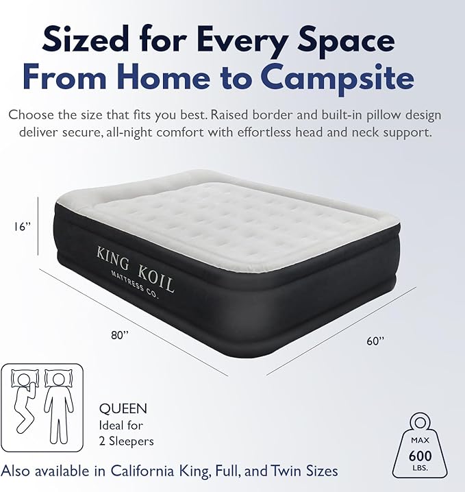 King Koil Luxury Pillow Top Plush Queen Air Mattress with High-Speed Built-in Pump, Blow Up Bed Top Side Flocking, Puncture Resistant, Double High Inflatable Airbed Guests & Travel 1-Year Warranty