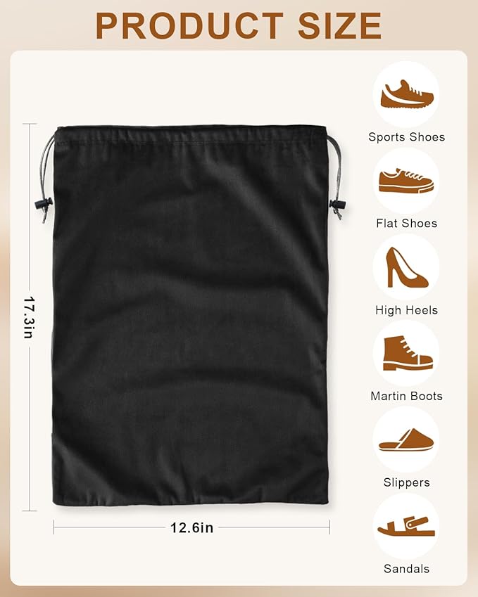 FantasyLife Shoe Bags for Travel, 17.3"x12.6" Washable Dust Bags for Storage & Packing, Flannel Shoe Pouch with Drawstring Closure for Purses, Handbags, Shoes & Toys (4, Black Beauty)