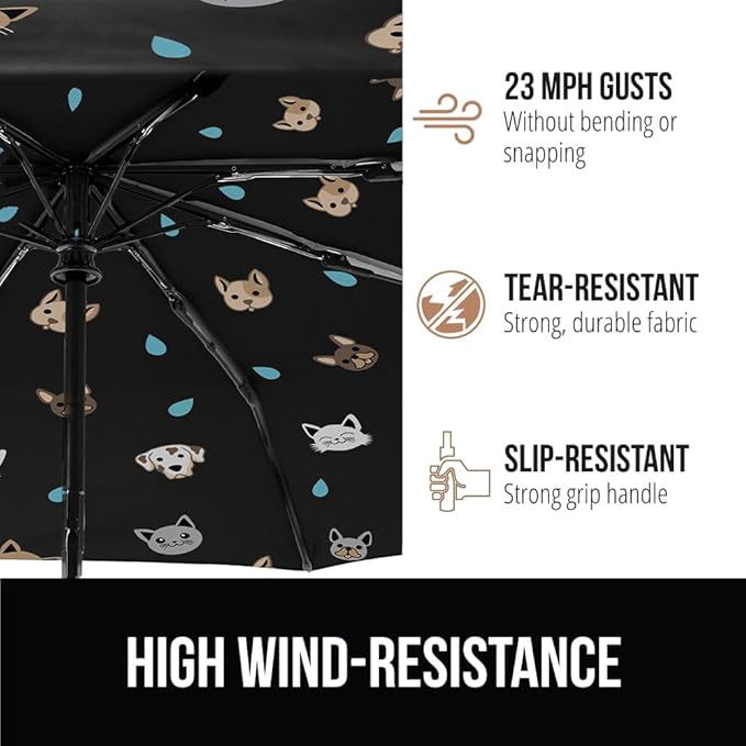 GORILLA GRIP Strong Windproof Stick Compact Umbrella for Rain, One-Click Automatic Open and Close, Durable Quick Dry Waterproof Material, Lightweight and Portable, Travel Size Fits Backpack, Cats Dogs