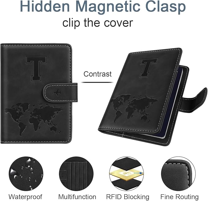 Passport Holder Wallet Cover Personalized Letter A-Z Travel Wallet RFID Blocking Passport Cover Wallet Case for Travel Passport Book Holders for Women and Men, Black-T