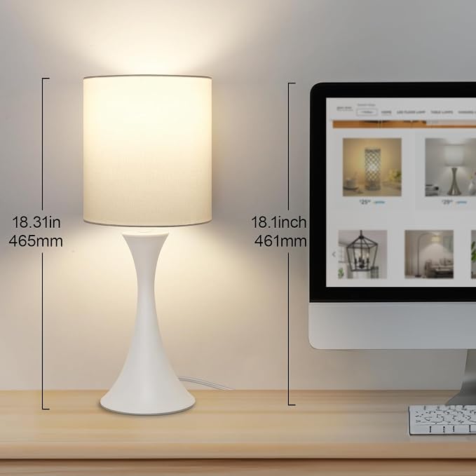 Modern Table Lamps, 3 Way Touch Control Table Lamp, Dimmable Desk Lamp, White Nightstand Lamp with Fabric Shade, Small Bedside Lamp for Living Room, Dorm,Home Office, LED Bulb Included
