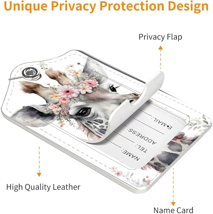 2 Pack Luggage Tag for Suitcase, Cute Unique Leather Bag Tags Identifiers Privacy Cover ID Label with Durable Steel Loop for Women Men Kids Girls Travel，GiraffeE