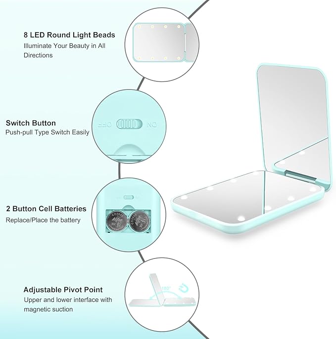 Kakuje Compact Mirror, 1X/3X Magnification LED Pocket Mirror with Nternal BIattery, Mini Mirror for Purse, Pocket,Travel and Present (Mint Green)