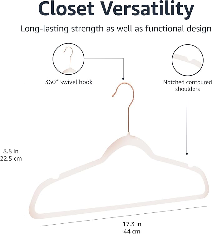 Amazon Basics Space Saving Slim Velvet Non-Slip Suit Clothes Hangers, Sturdy Construction, Closet Organizer, Pack of 50, Blush Pink/Rose Gold
