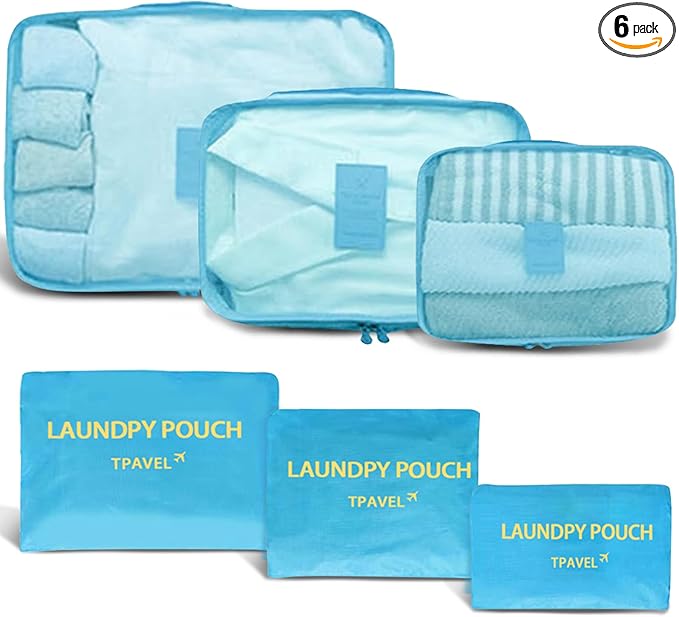 6 Set Packing Cubes for Travel Luggage Packing Bags Reusable Lightweight Suitcase Organizer Cubes Set for Travel Accessories (Sky Blue)
