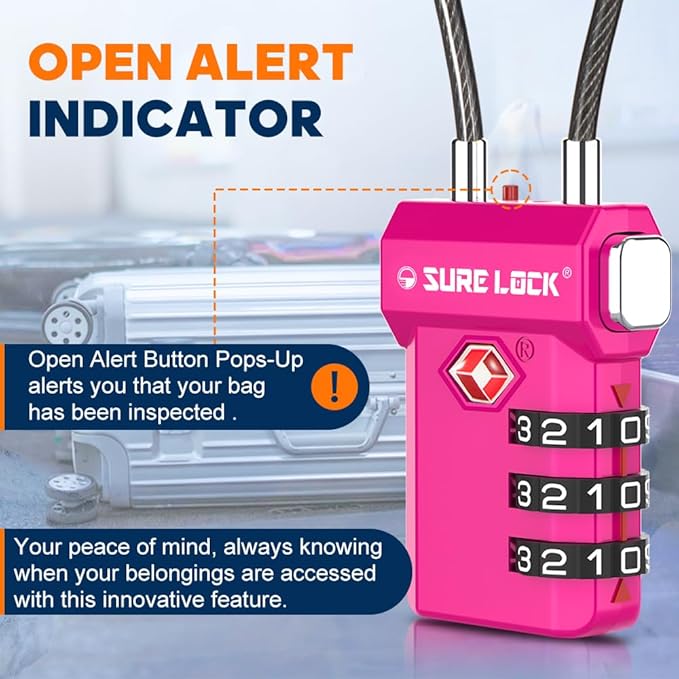SURE LOCK TSA Approved Luggage Locks – 3-Digit Combination Cable Lock with Red Indicator, Large Dial & Easy-Press Button for Suitcases and Backpacks – Multi-Pack & Color Options