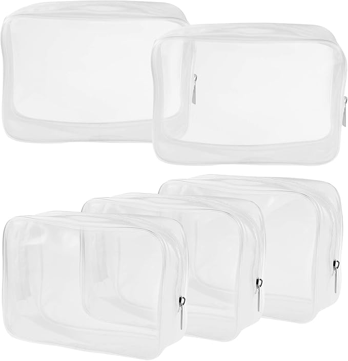 Wobe 5 Packs Clear Cosmetics Bag TSA Approved, PVC Zippered Toiletry Carry Pouch Portable Makeup Bag for Vacation Travel, Bathroom and Organizing Waterproof Makeup Vinyl Case (Medium, White)