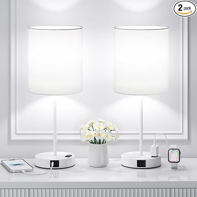17.6" White Touch Lamps for Bedroom Set of 2 - Dimmable, USB C+A, AC Outlet | Large 17.6" Tall Lamp, 3-Way Dimming, 5000K Daylight Bulbs, White Lampshade White Base, for Living Room, Boys, Men, Girls